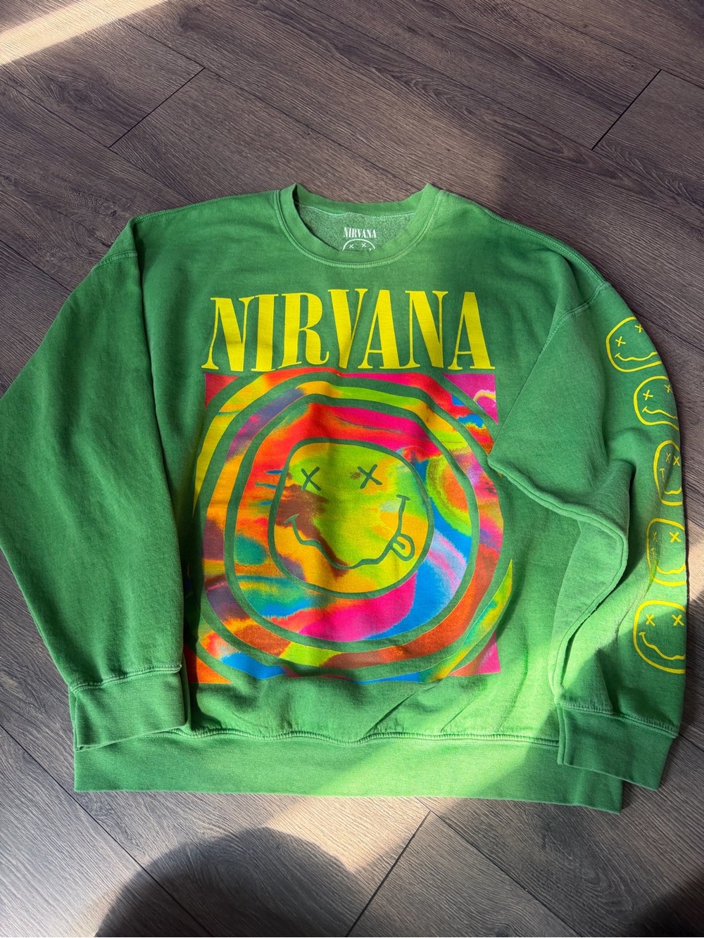 Urban Outfitters Green Crewneck with Yellow and Multicolor Smiley Graphic